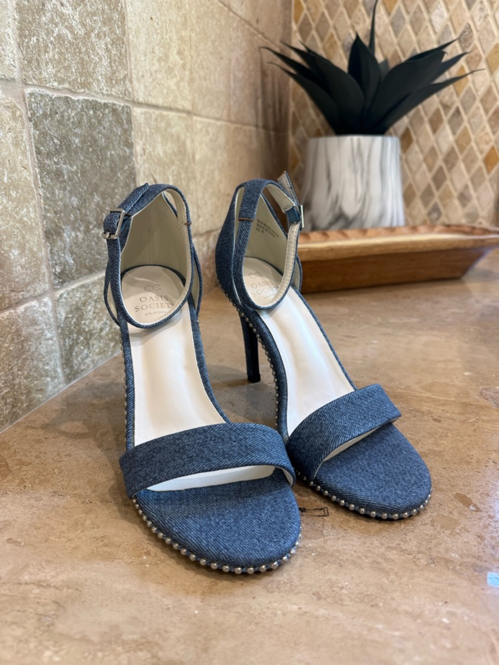 Society Denim Blue Ankle-Strap Stiletto Sandals with Studded Trim
